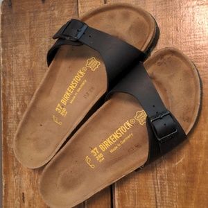 Birkenstock Madrid Size 37 with signature Cork sole. Birko-Flor Black